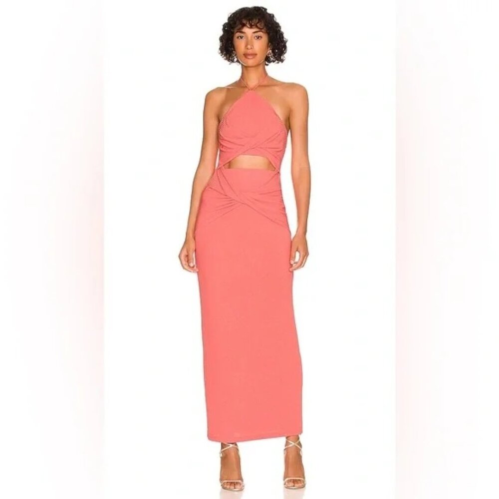 Hallie Twist-front Midi Dress in Rib-knit Jersey in Watermelon Pink